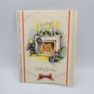 Vintage Holiday Christmas Greetings Card Fireplace Scene
